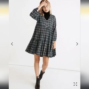Madewell Plaid Babydoll Mini Dress Tiered Long Sleeve V-Neck - Size 0